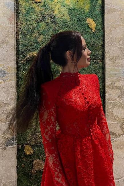 Red A-Line Short Lace Long Sleeve Cocktail Dress Party Dresses by misshow.com