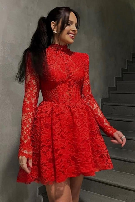 Red A-Line Short Lace Long Sleeve Cocktail Dress Party Dresses Hover Image