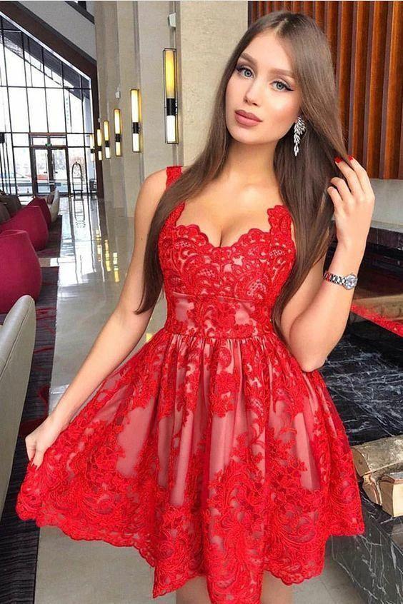 Red A-line Sweetheart Lace Short Prom Dresses by BIZTUNNEL