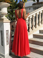 Red A Line V Neck Floor Length Chiffon Backless Long Prom Formal Evening Dresses by BIZTUNNEL