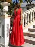 Red A Line V Neck Floor Length Chiffon Backless Long Prom Formal Evening Dresses by BIZTUNNEL