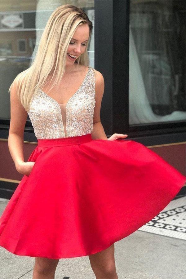 Red Beaded Satin Homecoming Dresses with Pocket Short Prom Dresses PD290 Hover Image