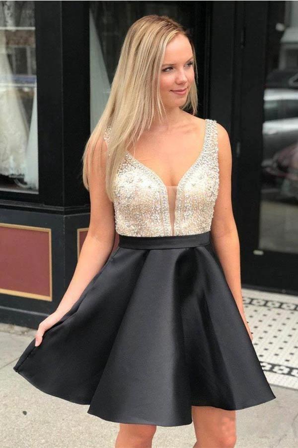 Red Beaded Satin Homecoming Dresses with Pocket Short Prom Dresses PD290 by pgmdress