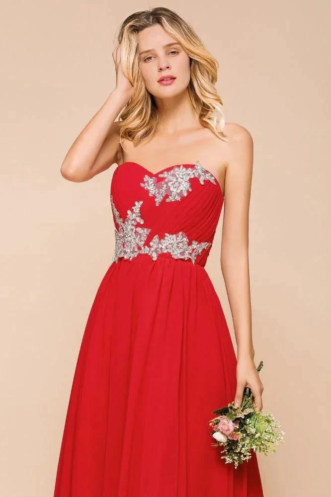 Red Charming Strapless Appliques Evening Maxi Dress Wedding Party Dress by misshow.com