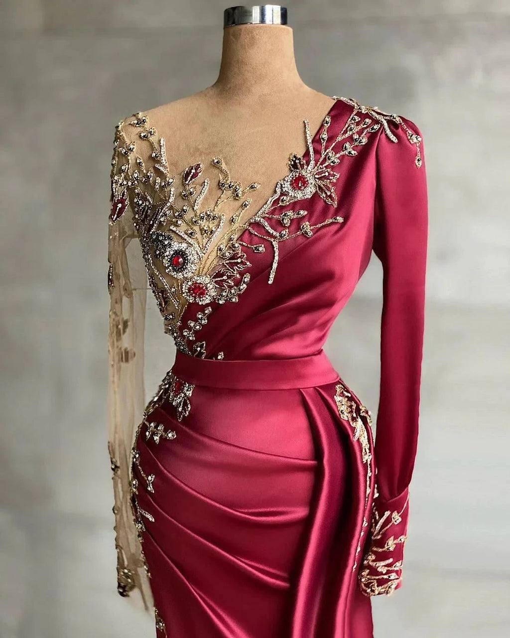 Red evening dress floor-length prom dresses with sleeves by misshow.com