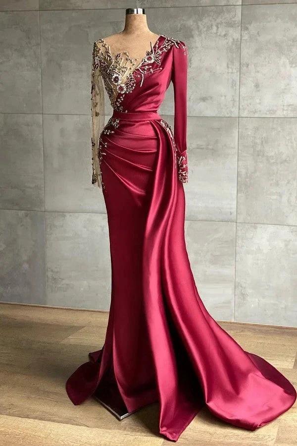 Red evening dress floor-length prom dresses with sleeves by misshow.com