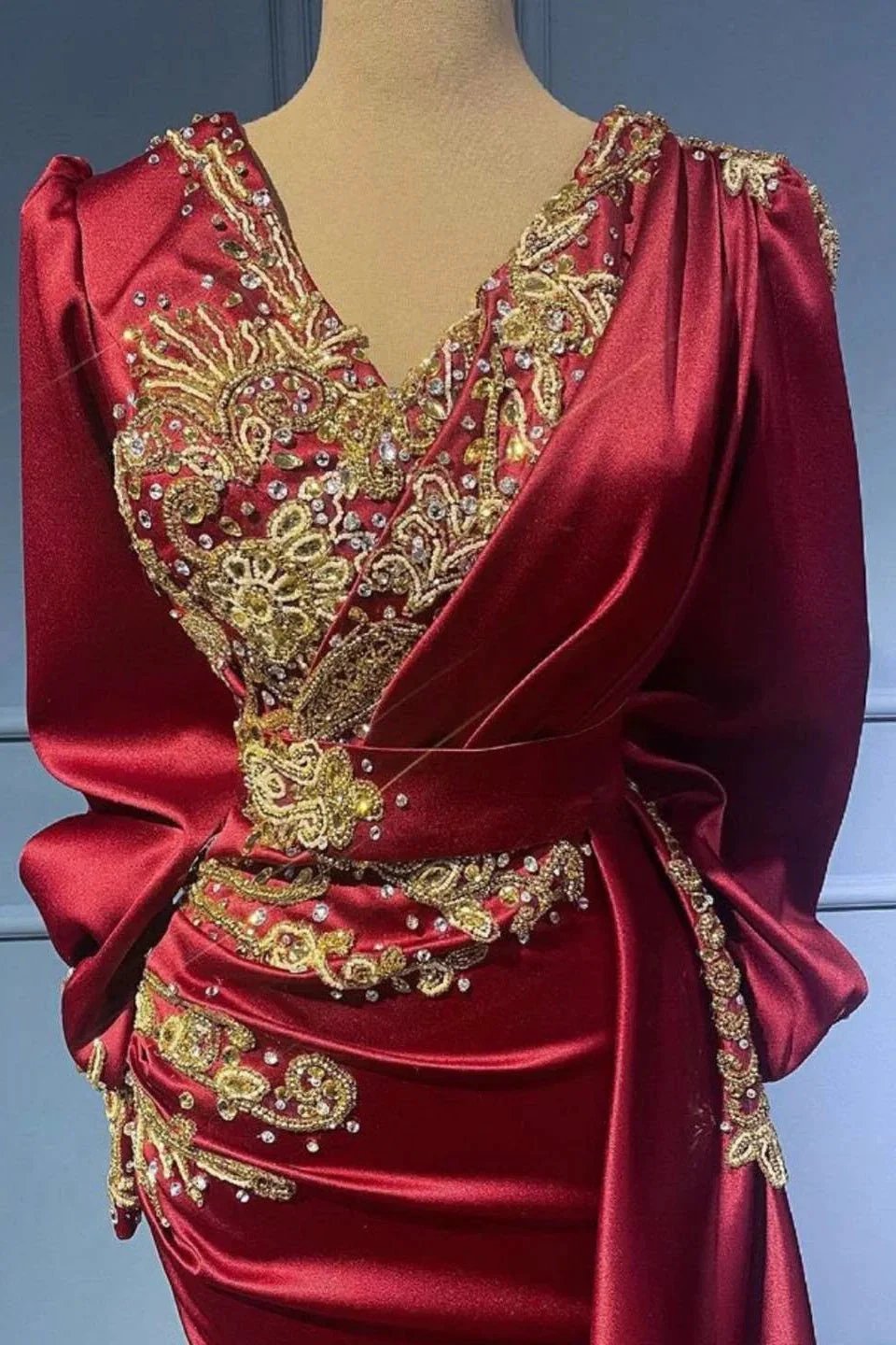 Red evening dresses with sleeves elegant floor-length prom dresses by misshow.com