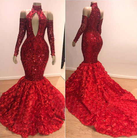 Red Floral Mermaid High Neck Long Sleeve Prom Dresses