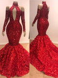 Red Floral Mermaid High Neck Long Sleeve Prom Dresses by misshow.com