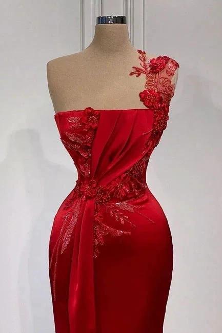 Red Flowers One Shoulder Sleeveless Floor-length Prom Dresses by misshow.com