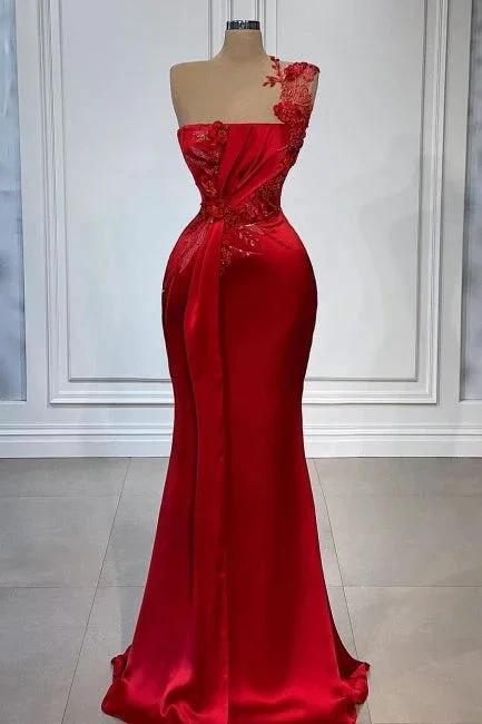 Red Flowers One Shoulder Sleeveless Floor-length Prom Dresses by misshow.com