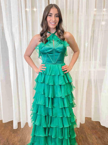 Vestido de fiesta con escote halter, escote en forma de cerradura, volantes y abertura