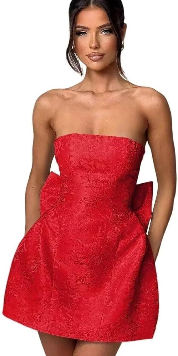 Strapless Short Ball Gown Homecoming Dress Sleeveless Lace up Jacquard Satin Party Dresses with Bow by Biztunnel