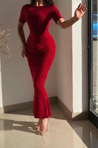 Red Jewel Short-Sleeve Mermaid Glitter Prom Dresses by misshow.com