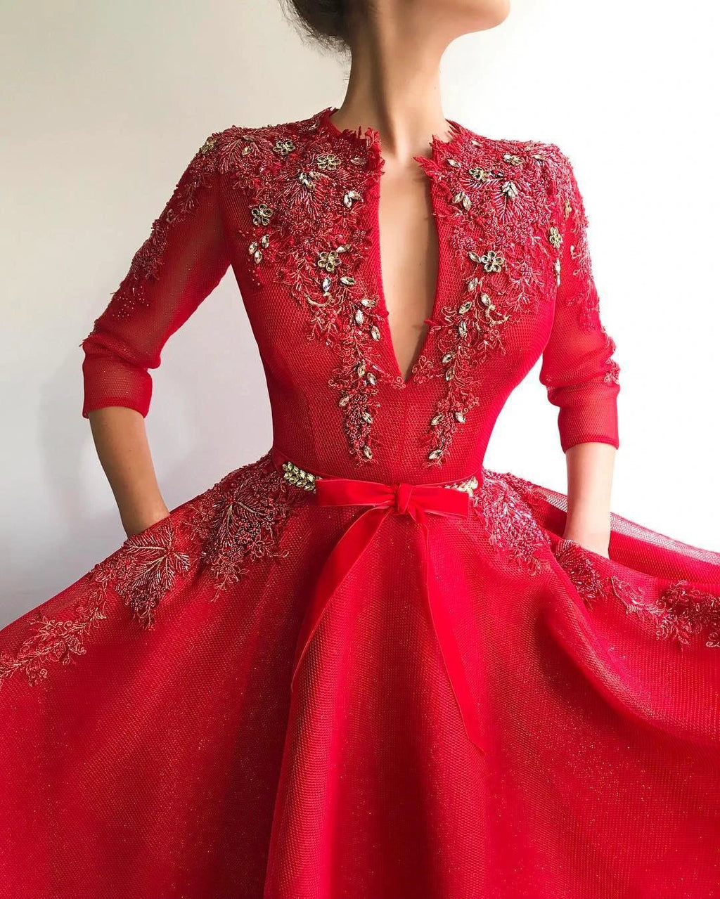 Red Long A-line Deep V-neck Tulle Prom Dress with Sleeves by BIZTUNNEL