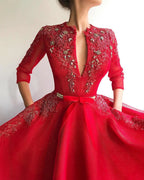 Red Long A-line Deep V-neck Tulle Prom Dress with Sleeves by BIZTUNNEL