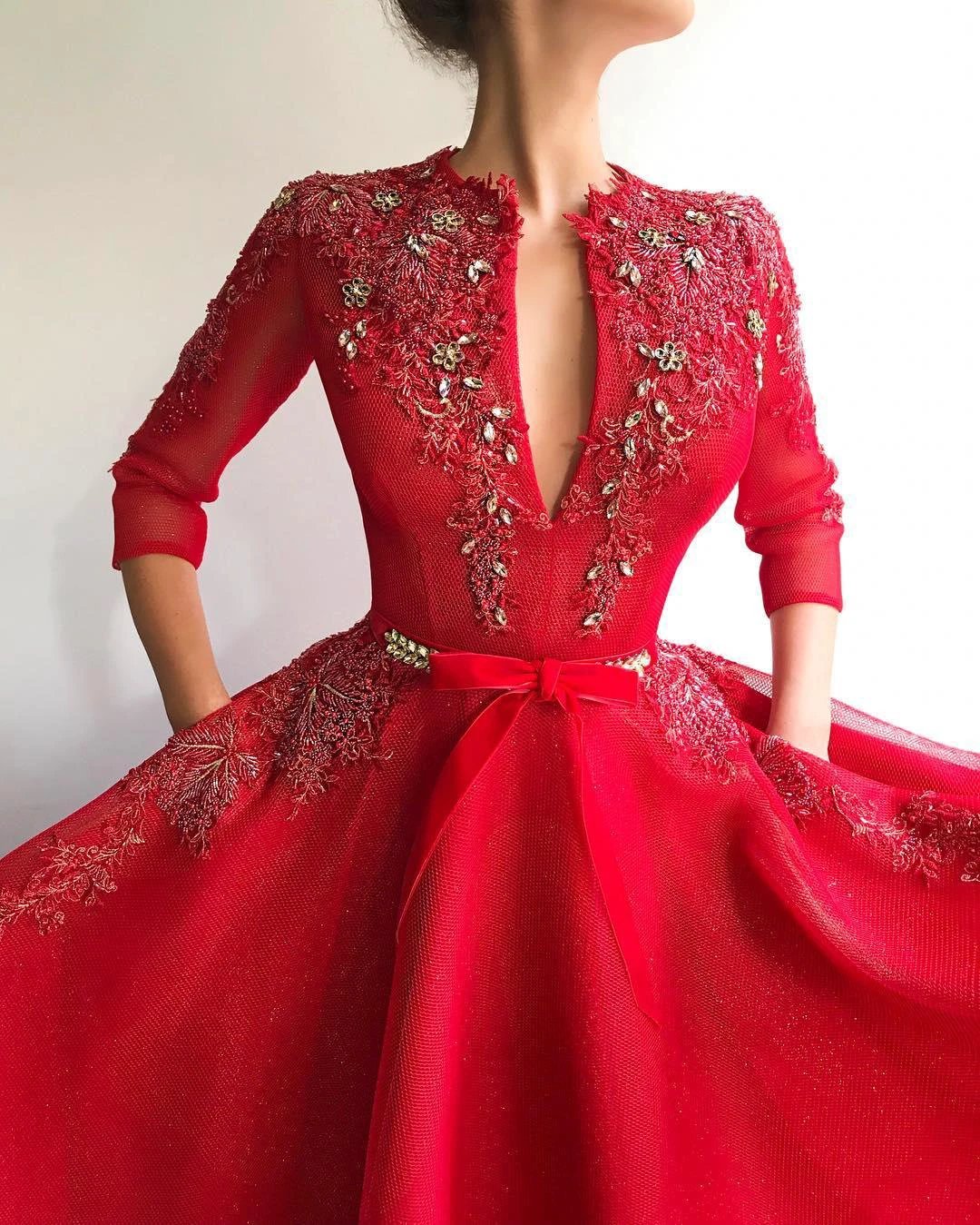 Red Long A-line Deep V-neck Tulle Prom Dress with Sleeves by BIZTUNNEL