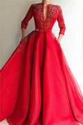 Red Long A-line Deep V-neck Tulle Prom Dress with Sleeves by BIZTUNNEL