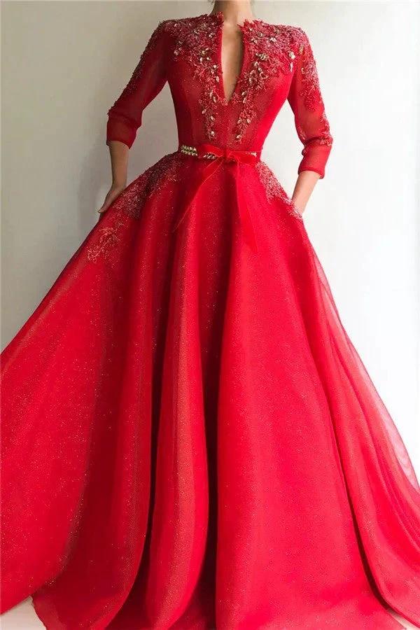 Red Long A-line Deep V-neck Tulle Prom Dress with Sleeves by BIZTUNNEL