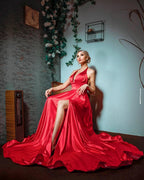 Red Long A-line Halter Satin Prom Dress with Slit by BIZTUNNEL