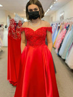 Red Long A-line Off The Shoulder Satin Lace Prom Dresses with Slit by BIZTUNNEL