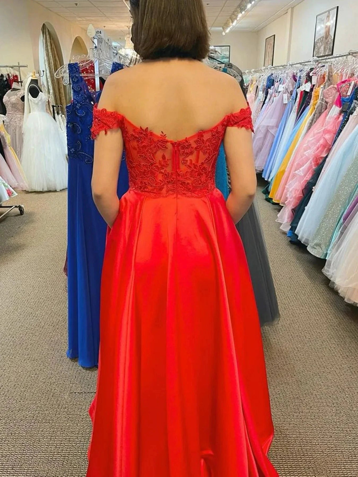 Red Long A-line Off The Shoulder Satin Lace Prom Dresses with Slit by BIZTUNNEL