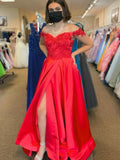 Red Long A-line Off The Shoulder Satin Lace Prom Dresses with Slit by BIZTUNNEL