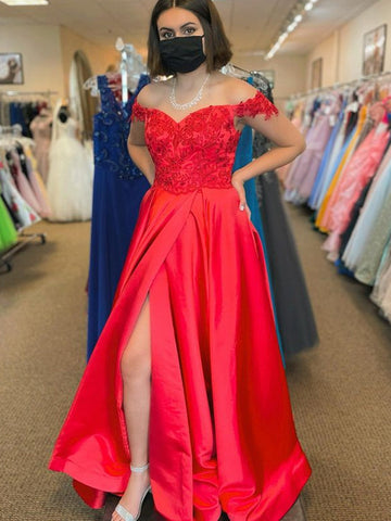 Red Long A-line Off The Shoulder Satin Lace Prom Dresses with Slit