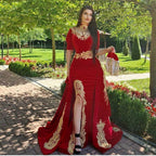 Red Long A-line Sweetheart Appliques Lace Split Velvet Prom Dress with Sleeves by BIZTUNNEL
