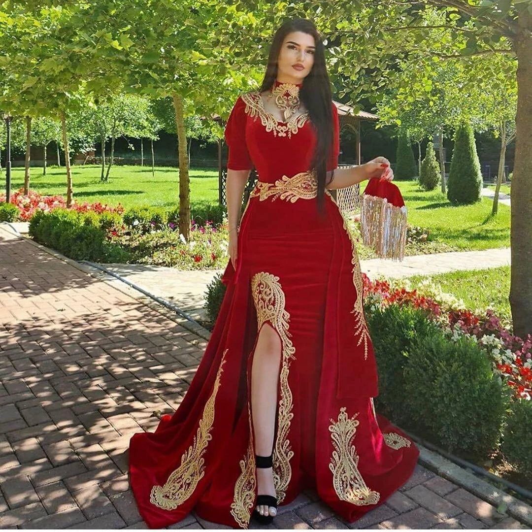 Red Long A-line Sweetheart Appliques Lace Split Velvet Prom Dress with Sleeves by BIZTUNNEL