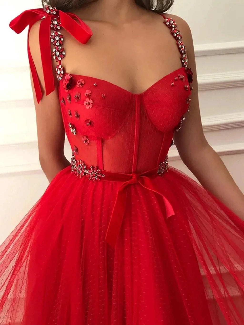 Red Long A-line Tulle Beaded Floral Formal Evening Graduation Prom Dresses (ZD02918)