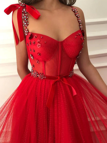 Rotes langes A-Linien-Tüllkleid mit Perlen und Blumenmuster, formelle Abend- und Abschlussballkleider