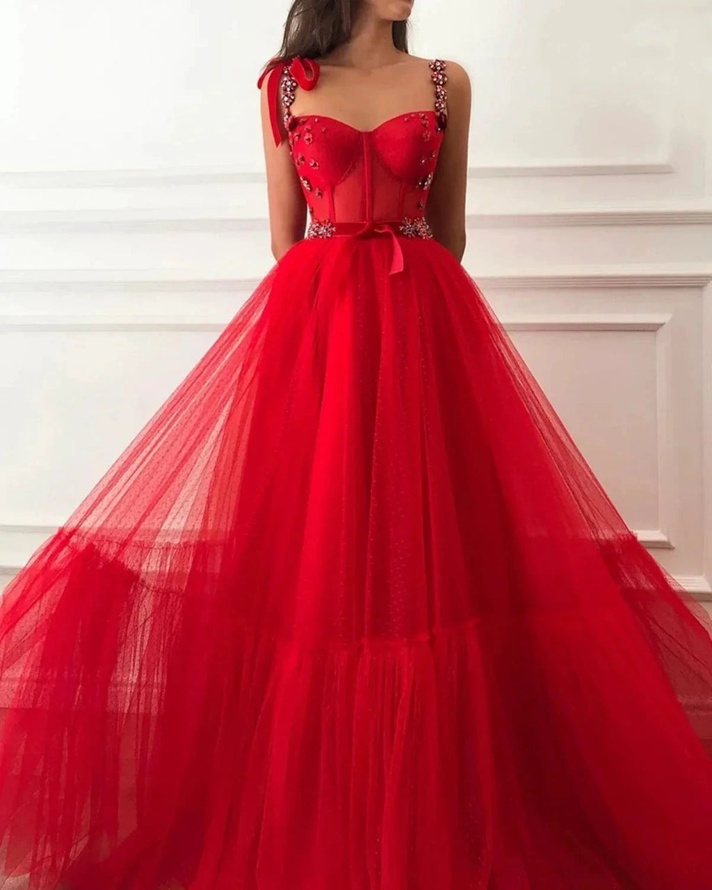 Red Long A-line Tulle Beaded Floral Formal Evening Graduation Prom Dresses (ZD02918)