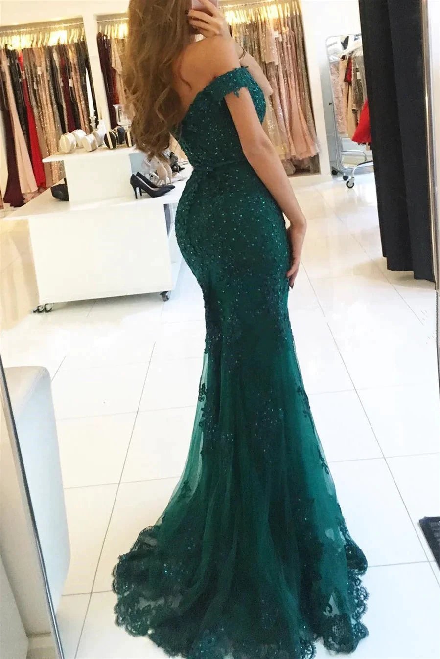 Red Long Evening Dresses Lace Beaded Off Shoulder Mermaid Prom Dresses Party Dresses by misshow.com