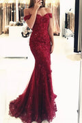Red Long Evening Dresses Lace Beaded Off Shoulder Mermaid Prom Dresses Party Dresses by misshow.com