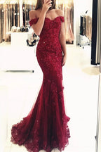 Red Long Evening Dresses Lace Beaded Off Shoulder Mermaid Prom Dresses Party Dresses by misshow.com