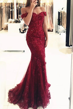 Red Long Evening Dresses Lace Beaded Off Shoulder Mermaid Prom Dresses Party Dresses by misshow.com