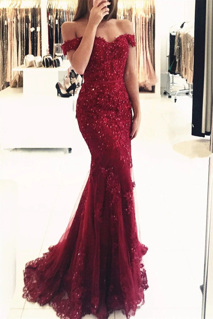 Red Long Evening Dresses Lace Beaded Off Shoulder Mermaid Prom Dresses Party Dresses by misshow.com