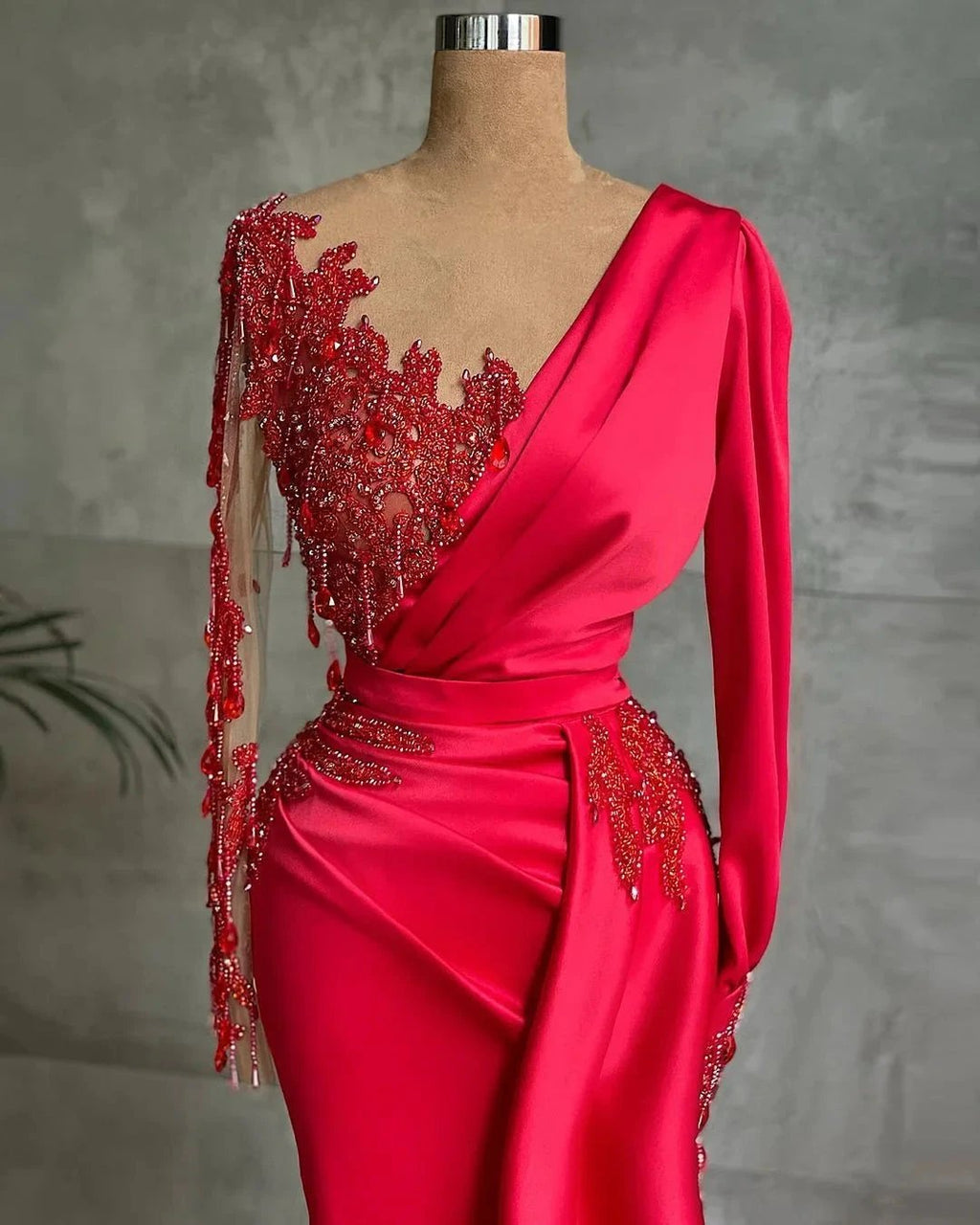Red Long Mermaid Satin Prom Dress with Sleeves by BIZTUNNEL
