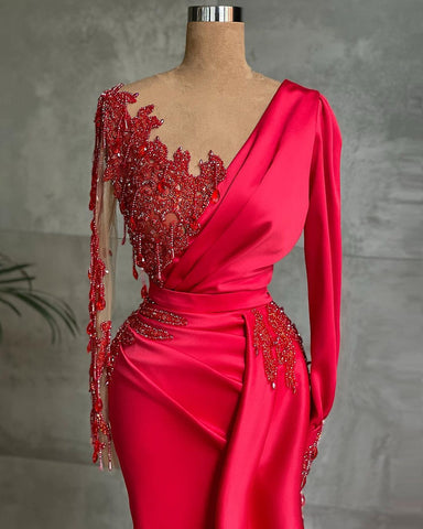 Vestido de fiesta largo de satén estilo sirena rojo con mangas