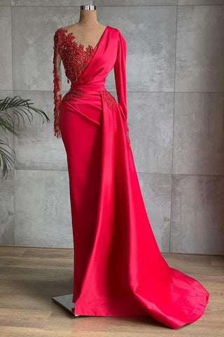 Vestido de fiesta largo de satén estilo sirena rojo con mangas