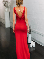 Red Long Mermaid V-neck Satin Backless Formal Prom Dresses with High Slit by BIZTUNNEL
