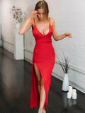 Red Long Mermaid V-neck Satin Backless Formal Prom Dresses with High Slit by BIZTUNNEL
