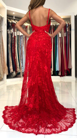Rotes langes Meerjungfrau-Ballkleid mit V-Ausschnitt und Spaghettiträgern, rückenfrei, Spitze