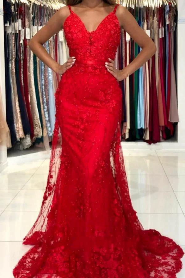 Red Long Mermaid V-neck Spaghetti Straps Backless Lace Prom Dress by BIZTUNNEL
