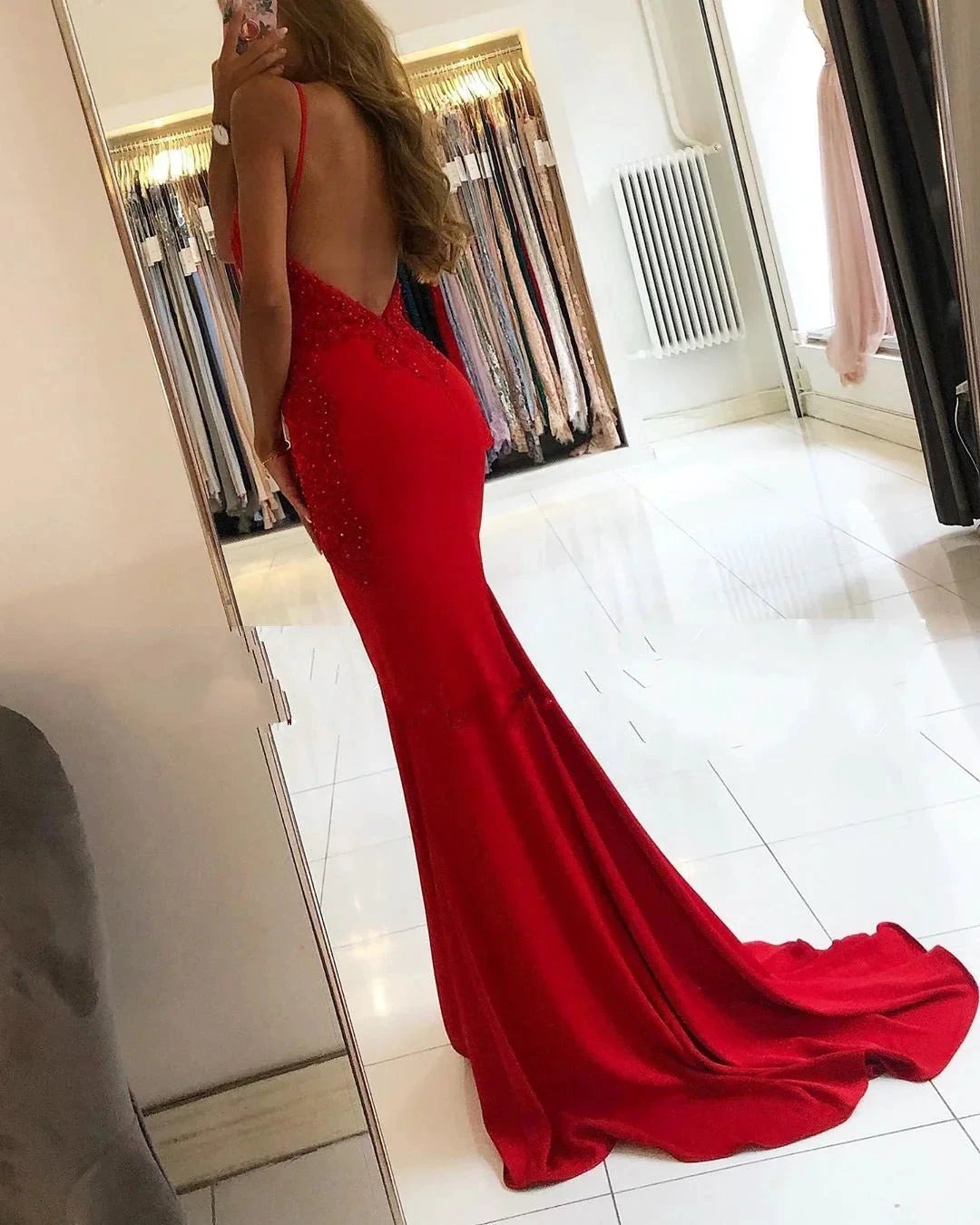 Red Long Mermaid V-neck Spaghetti Straps Backless Prom Dresses by BIZTUNNEL