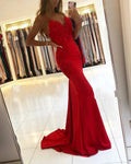 Red Long Mermaid V-neck Spaghetti Straps Backless Prom Dresses by BIZTUNNEL