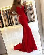 Red Long Mermaid V-neck Spaghetti Straps Backless Prom Dresses by BIZTUNNEL