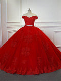Red Long Princess Off the Shoulder Tulle Lace Wedding Dresses by BIZTUNNEL