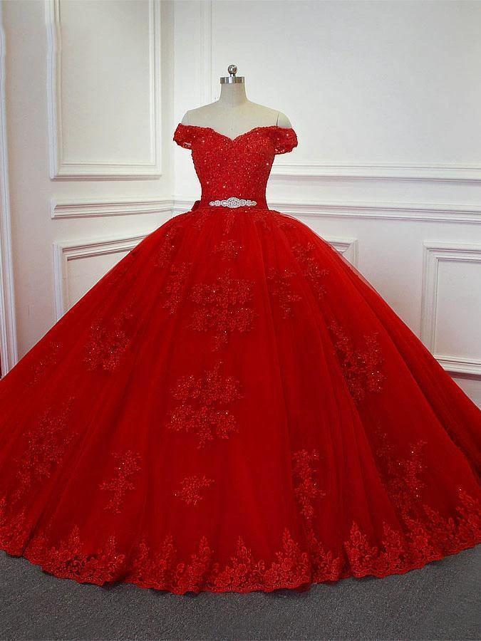 Red Long Princess Off the Shoulder Tulle Lace Wedding Dresses by BIZTUNNEL